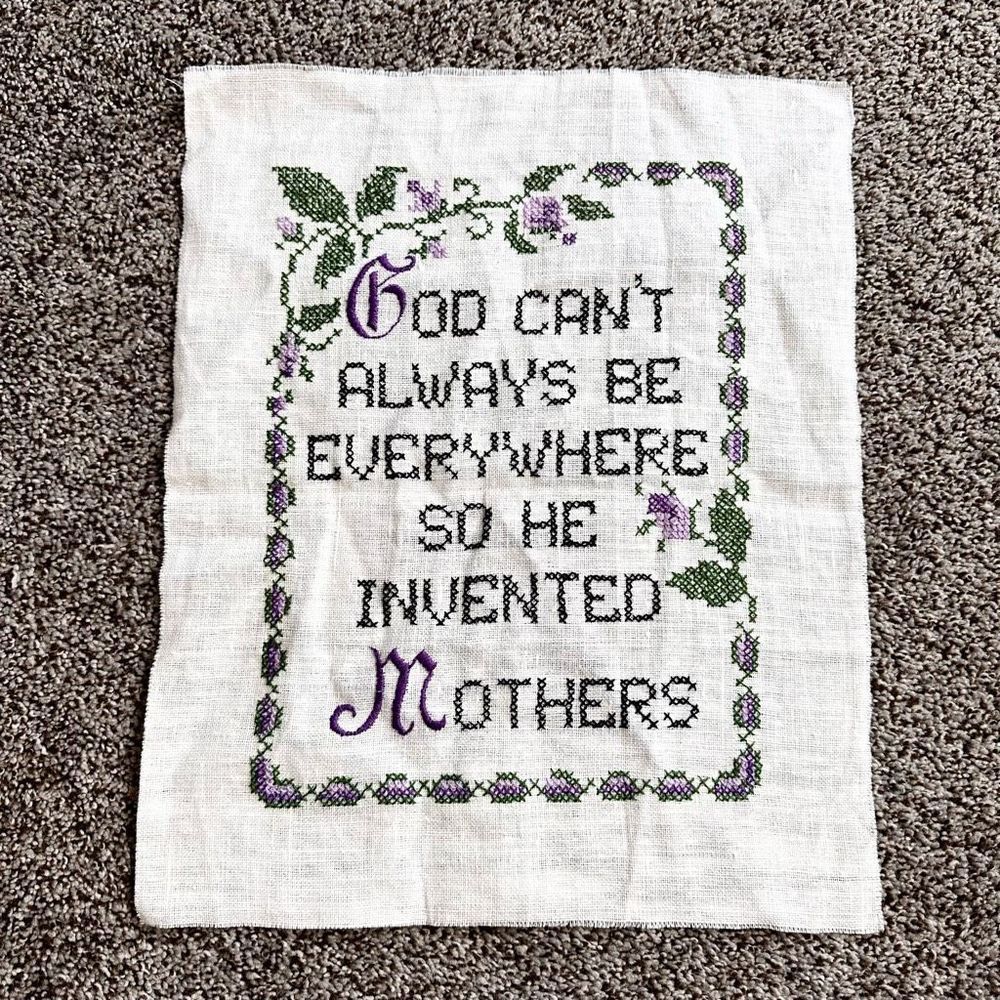 Vintage Embroidered God Invented Mothers Sampler Folk Art Primitive Handmade 80s